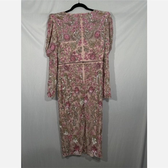 NWT‎ $498 Mac Duggal [ 12 ] Sequined Puff Sleeve High Neck Dress Rose Pink - Picture 12 of 16